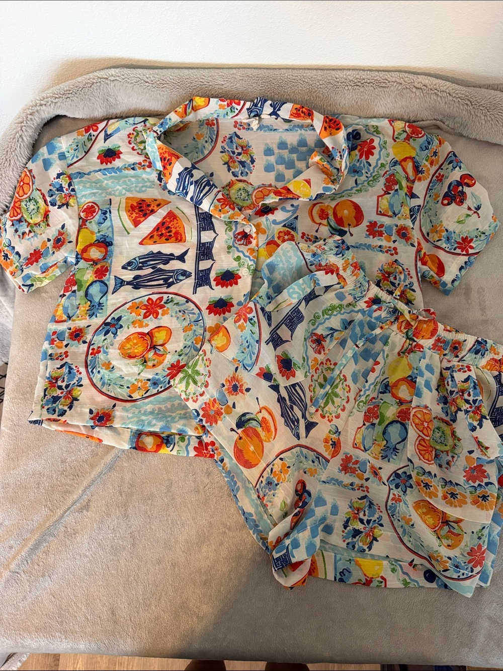 Violet Kay Fruit & Floral Short Pajama Set - Blue, Orange, Yellow